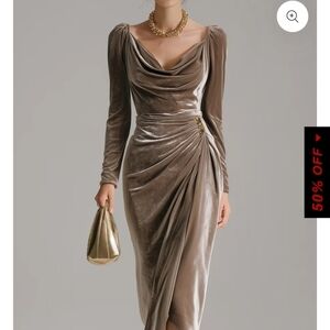 Elegant And Stretchy Velvet Midi Dress in Champagne/Taupe Brown